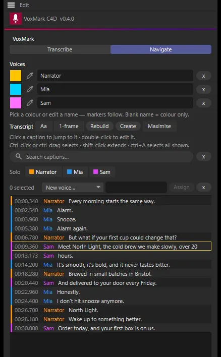 The Navigate tab: three named voices (Narrator, Mia, Sam) with colour swatches, the Transcript header buttons, the search field, Solo chips, and the timecoded caption list with the caption under the playhead outlined