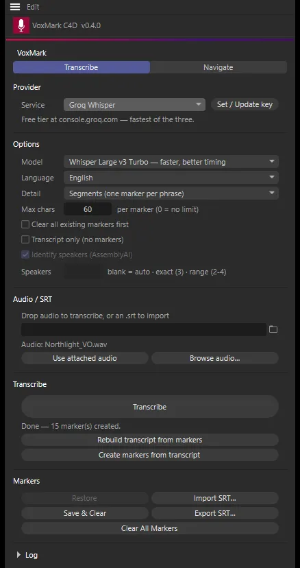 The VoxMark panel on the Transcribe tab: Groq Whisper as the service, English, Segments, 60 max chars, Northlight_VO.wav as the audio, and Done — 15 markers created under Transcribe