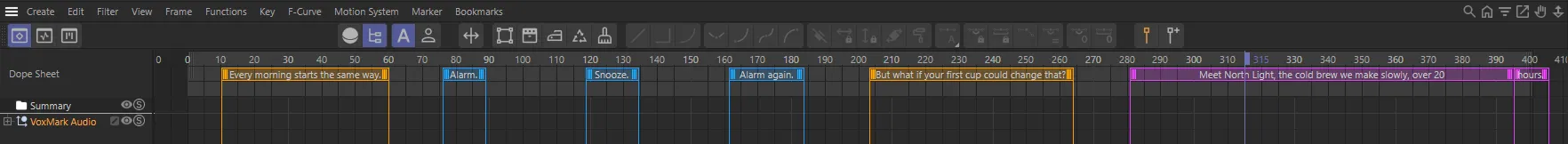 The Cinema 4D Timeline with ranged VoxMark markers across the top, each labelled with its caption and coloured by voice — orange for the narrator, blue and magenta for the other two voices