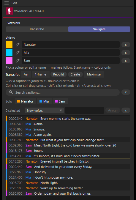 The VoxMark panel on the Navigate tab: three named voices in different colours above a timecoded transcript, with the caption under the playhead outlined